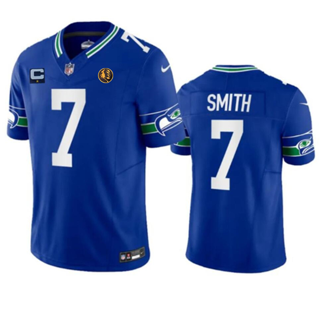 Men's Seattle Seahawks #7 Geno Smith Blue 2023 F.U.S.E. Throwback With 1-star C Patch And John Madden Patch Vapor Limited Football Stitched Jersey